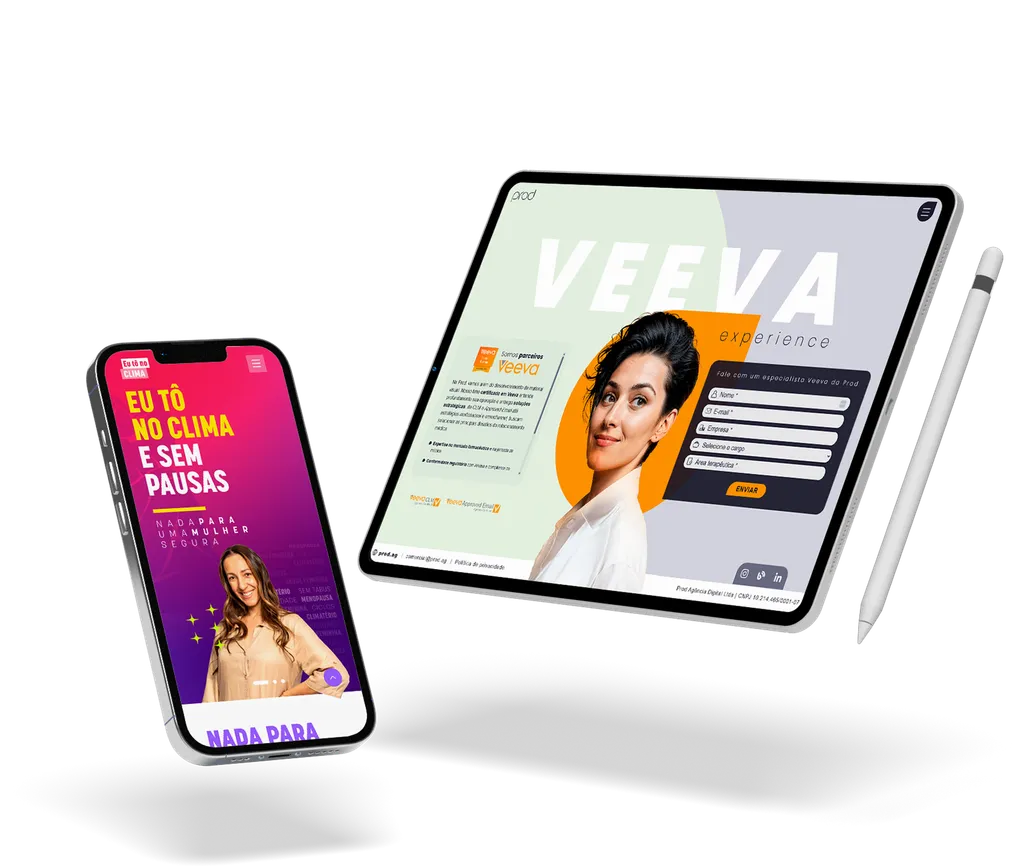 Peças da Prod: campanha de marca no celular e landing page Veeva no tablet.