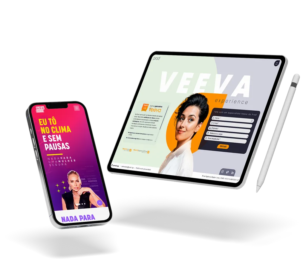 Peças criadas pela Prod: campanha de marca em um celular e a landing page Veeva experience em um tablet.